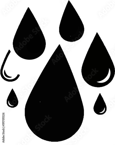 Collection of stylized black water droplets in various sizes on white