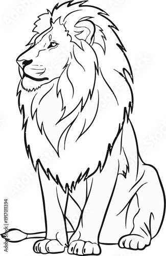 A bold, regal lion with a magnificent mane sits, looking to the left