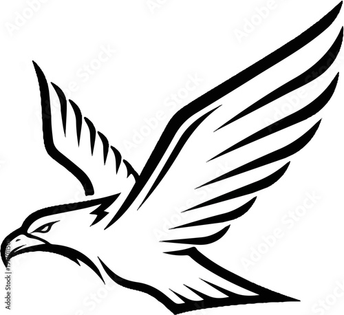 Stylized illustration of a bird of prey in flight, black ink strokes