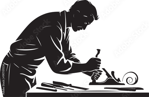 Black and white of a person using a hand plane on wood