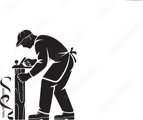 Black and white of a plumber working on a pipe wrench