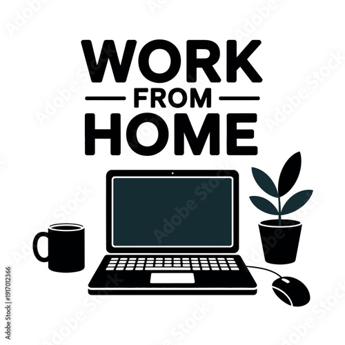 A graphic illustration of a work from home setup with laptop and coffee