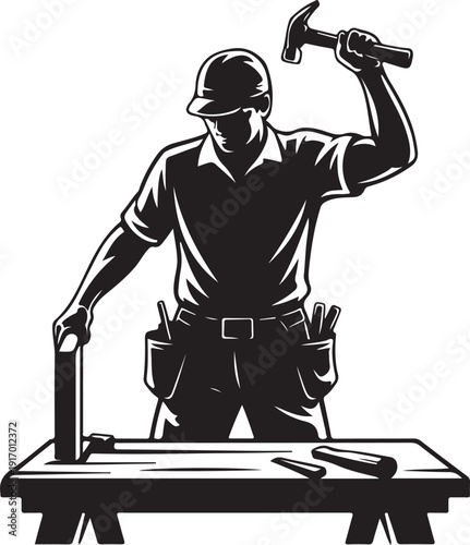 Black and white of a worker holding a hammer construction