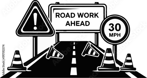 Road work ahead with warning signs and traffic cones