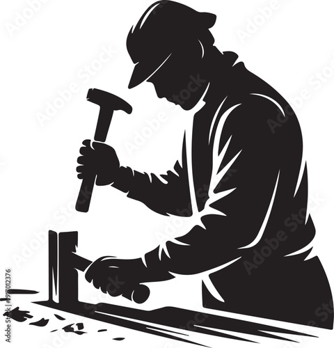 Black and white of a worker hammering metal on an anvil