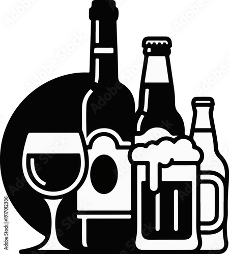 Collection of assorted alcoholic beverage containers and a glass