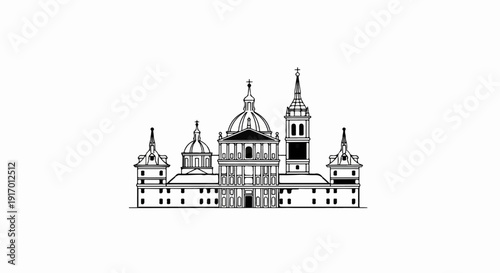 Ornate symmetrical building with domes and spires, black ink sketch