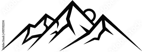 Stylized black mountain range with a partial sun rising behind peaks