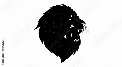 Black lion head with open mouth and sharp teeth on white background