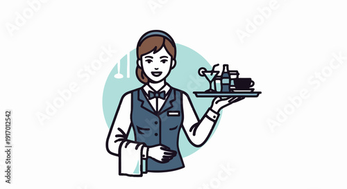 Friendly server presents tray with drinks and coffee cup