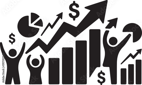 Black and white of people celebrating financial growth with charts and arrows