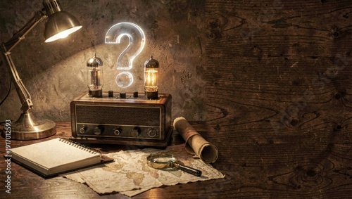 Vintage vacuum tube amplifier on mahogany desk with glowing question mark