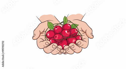 Two cupped hands gently hold a bunch of ripe cherries with green leaves