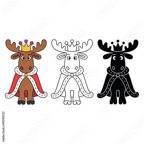 Three moose wearing crowns and capes in different colors