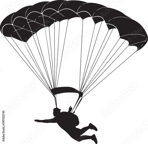 A lone parachutist in silhouette descends through the air with an open large parachute