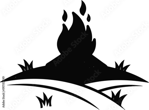 Black silhouette of a bonfire with flames and grass in a simplistic style
