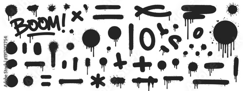 A collection of various black and white symbols and icons with a dripping paint effect isolated on white background, Vector, illustration
