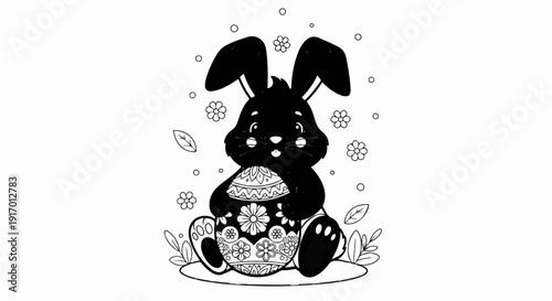 A black and white illustration of a bunny holding an ornate Easter egg