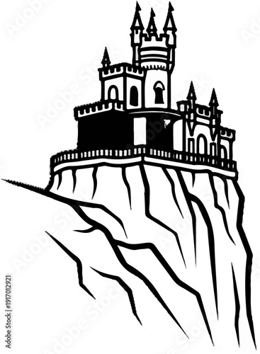 A black and white drawing of a castle perched precariously atop a steep, rugged cliff face