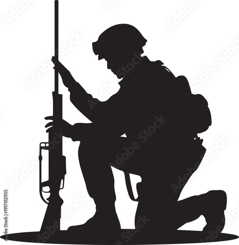 A powerful silhouette of a soldier kneeling while holding a rifle in a respectful stance