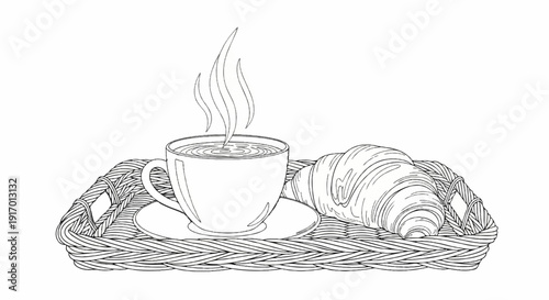 Sketch of a steaming cup of coffee with a croissant on a woven tray