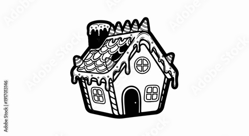A decorative gingerbread house with icing drips and candy-like roof peaks