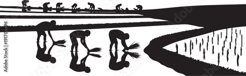 Black and white of people planting rice in flooded fields