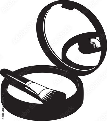 Black and White Open Compact Powder with Makeup Brush – Cosmetic Beauty Vector Illustration