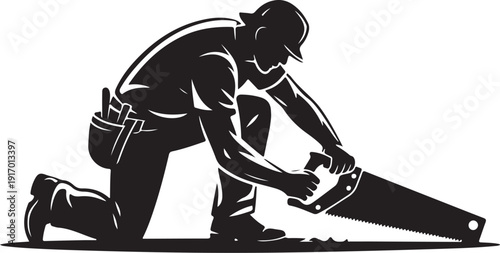 Black and white silhouette of a person using a large saw