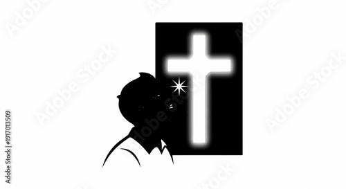 Silhouette of a person looking up at a glowing cross with a starburst