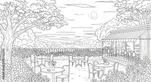 An outdoor cafe terrace overlooks a picturesque valley landscape