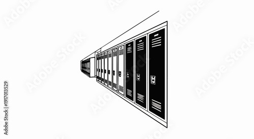 Endless row of school lockers receding into perspective
