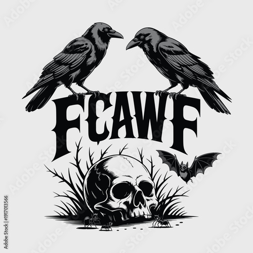 Two crows and a skull with the letters fcawf and a bat in the background isolated on white background, Vector, illustration