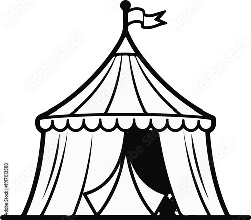 Black and white illustration of a circus tent with a flag on top
