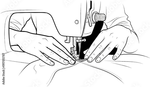 Close-up of hands guiding fabric through a sewing machine