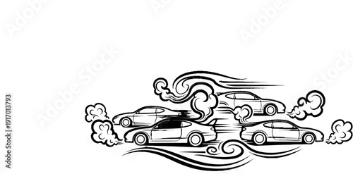Dynamic line art depicts four sports cars racing with stylized smoke trails