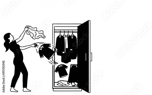 Woman throws clothes into a closet with hanging garments, shirts, and pants