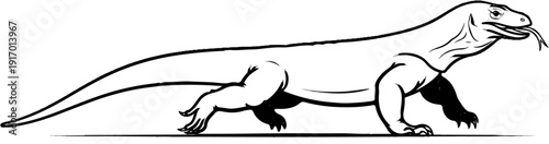 A black and white line drawing of a komodo dragon with its tongue sticking out