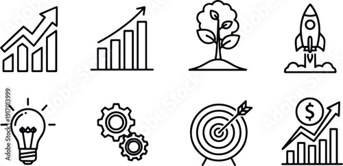 A set of vector line art icons depicting business growth and success in silhouette mode