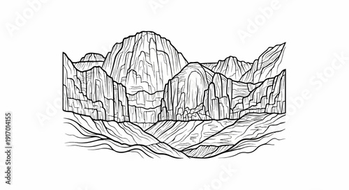 Minimalist line art depicts layered rock formations with a winding river below