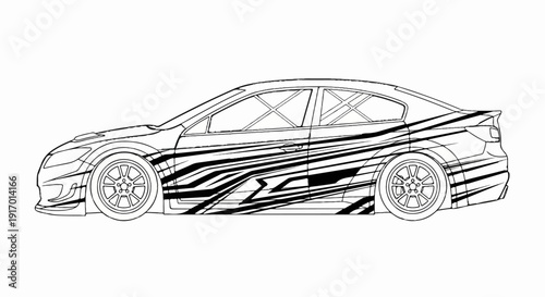 Line art of a sleek, sporty sedan with bold racing stripes