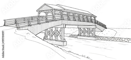 Wooden covered bridge spans a gentle stream with stone embankment