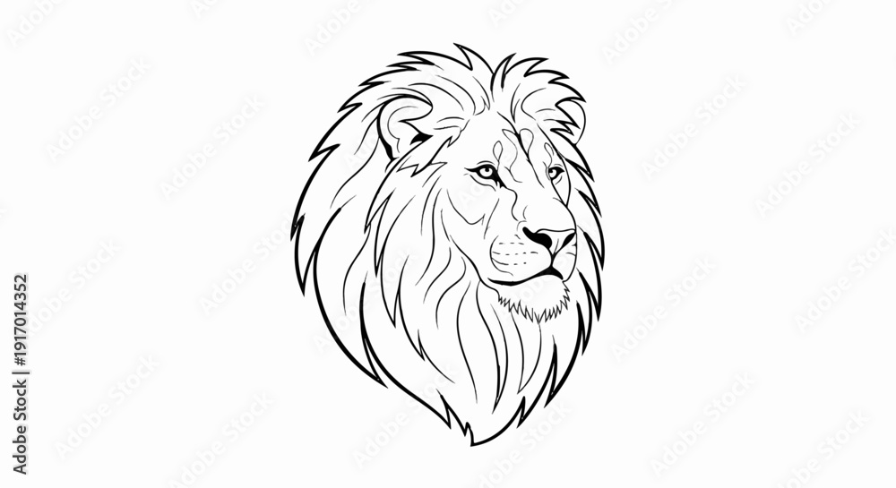 Fototapeta premium Stylized lion's head with a full mane, drawn in black outline