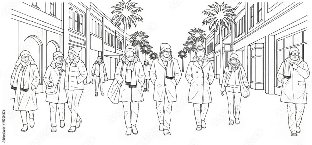 Obraz premium People walking on a street lined with shops and palm trees in winter
