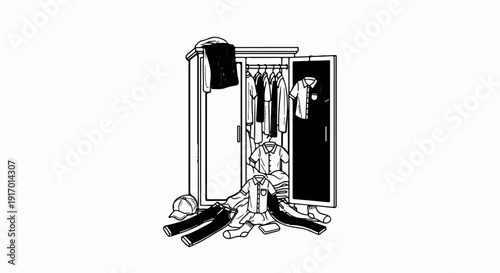 Disarrayed wardrobe with clothes spilling out onto the floor