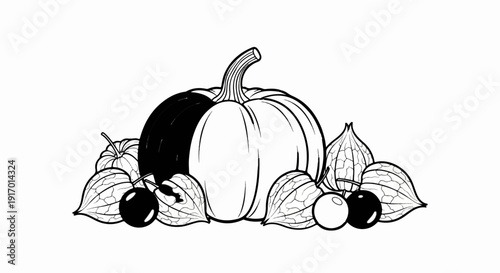 Stylized line drawing of a pumpkin with surrounding berries and pods