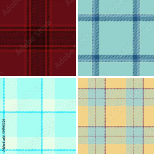 Plaid pattern set for casual apparel essentials. Seamless tartan repeats enhance dresses, tops, skirts, and layering pieces.