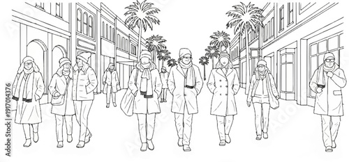 People walking on a street lined with shops and palm trees in winter