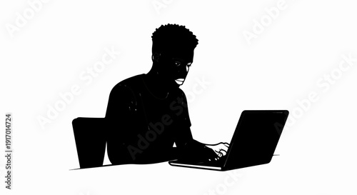 Black and white illustration of a young person with afro hair using a laptop