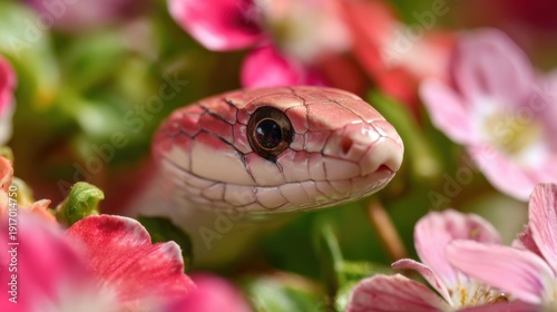Pink snake among vibrant flowers in lush garden.